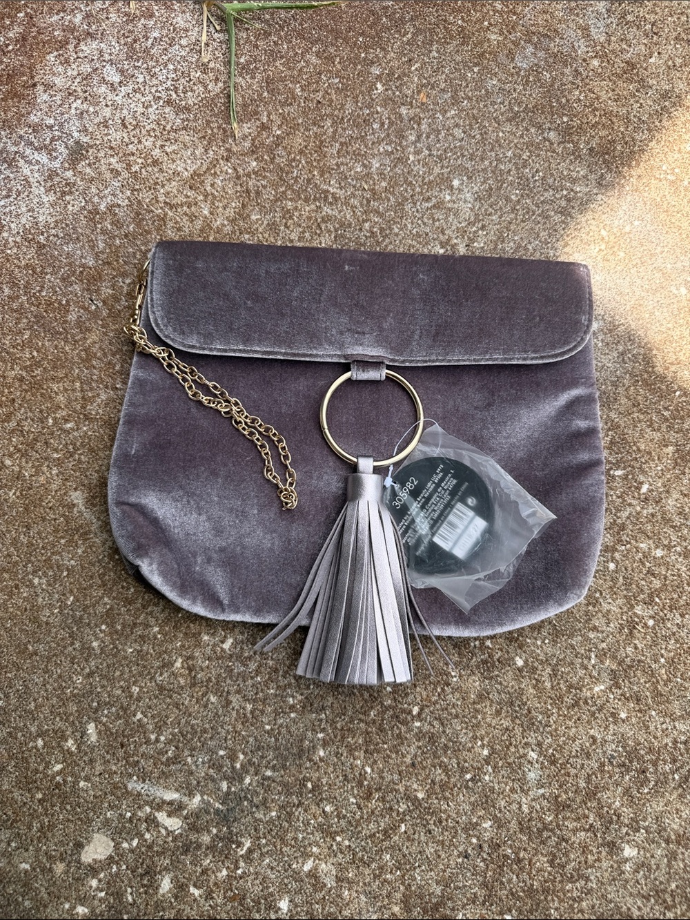 Velvet Tassel Ring-Accent Clutch in Gray. NEW